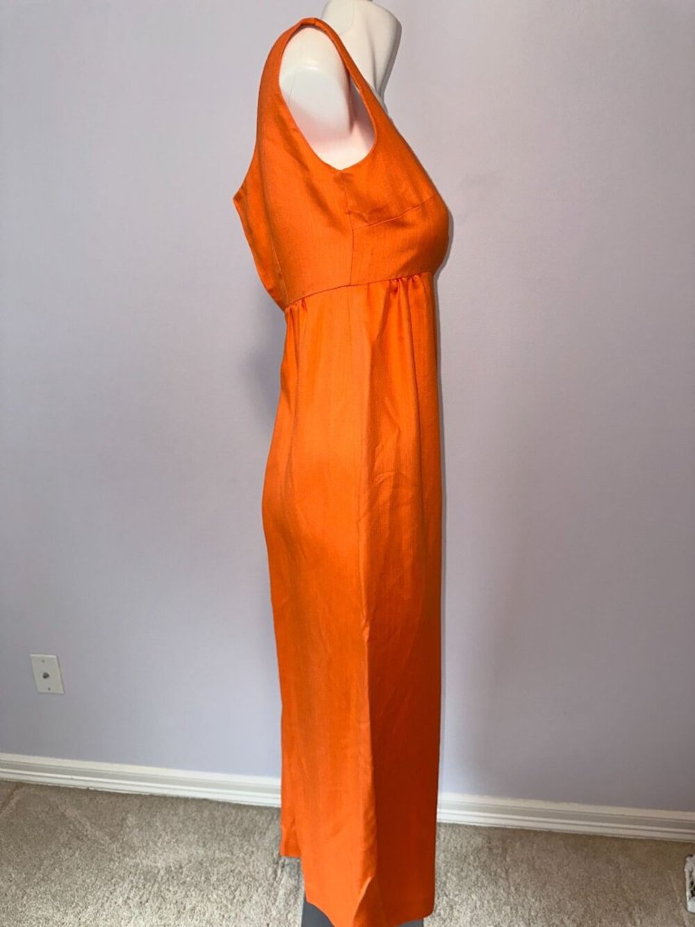Vintage 70s Orange Maxi Dress Pumpkin Boho Hippie Empire Waist Small Sleeveless - Picture 4 of 6